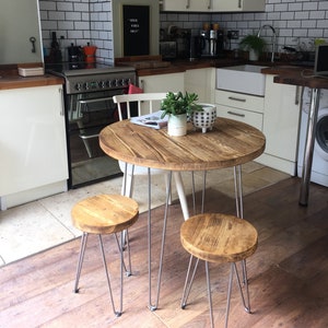 Reclaimed Wood Round Dining Table Set: Rustic Industrial Hairpin Leg Kitchen Furniture