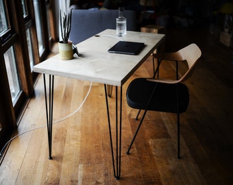 Birch Plywood desk on mid century modern hairpin legs for home study or work station. Minimalist, Scandinavian style.