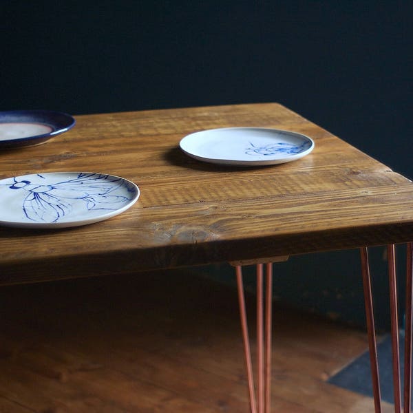 Hairpin Dining Table, Reclaimed wood on Copper legs, Solid Sustainable Industrial, Choice of Sizes and Colours, Customisable