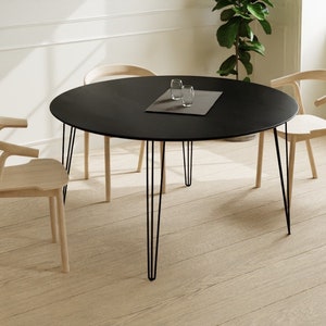 Round Dining Table Black, Solid Oak on Hairpin Legs, Customisable, Fast Shipping, EARTH COLLECTION