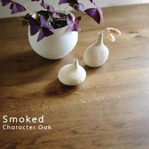 Puede incluir: Una maceta de cer&aacute;mica blanca texturizada con una planta de hojas moradas, acompa&ntilde;ada de dos peque&ntilde;os jarrones de cer&aacute;mica blanca texturizada, uno con hierba seca, sobre una superficie de madera con el texto Smoked Character Oak.