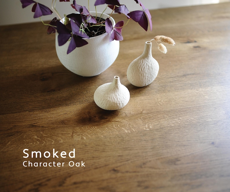 Puede incluir: Una maceta de cer&aacute;mica blanca texturizada con una planta de hojas moradas, acompa&ntilde;ada de dos peque&ntilde;os jarrones de cer&aacute;mica blanca texturizada, uno con hierba seca, sobre una superficie de madera con el texto Smoked Character Oak.