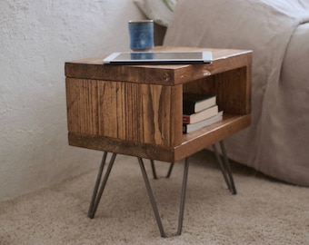 Reclaimed Wood Bedside Table: Hairpin Legs, Rustic Nightstand