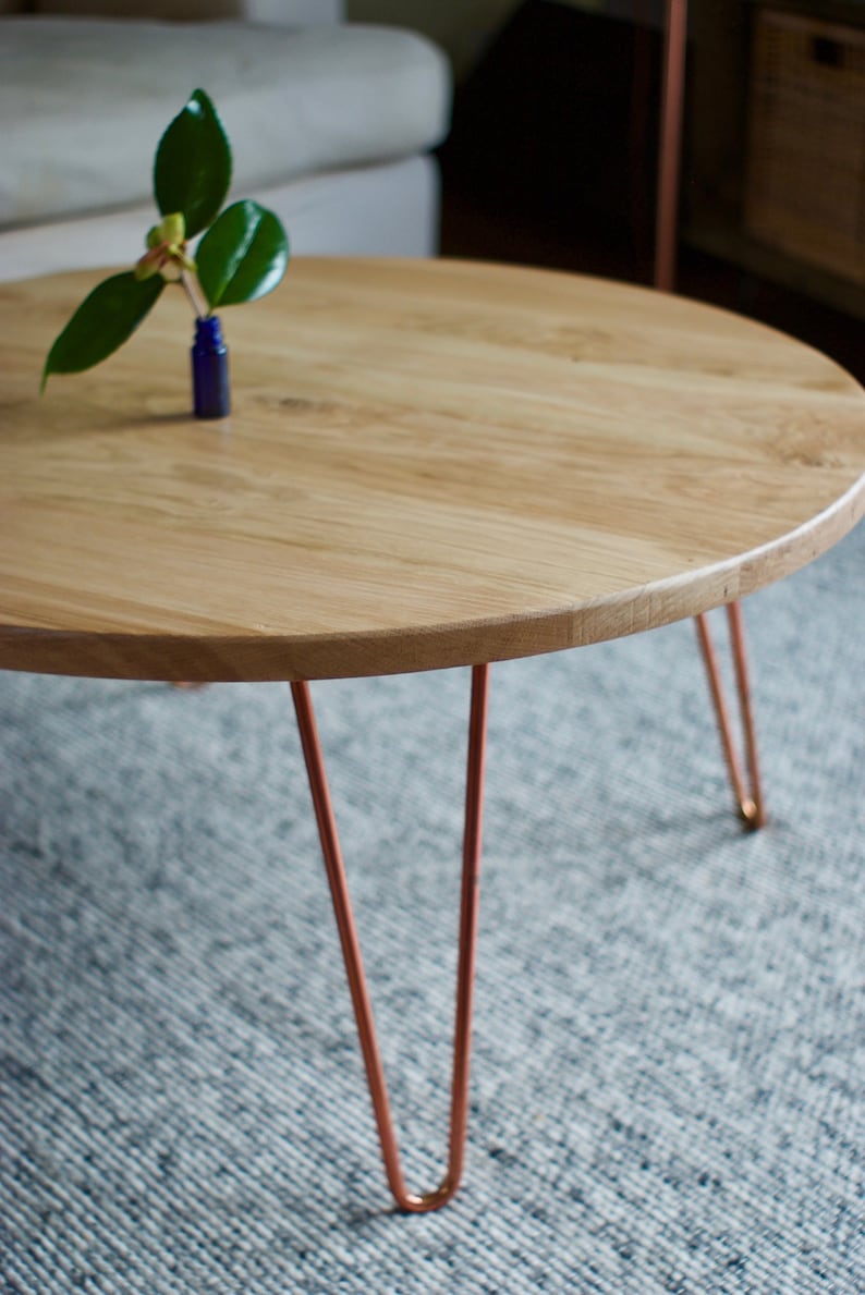 Coffee Table Round Copper Hairpin Legs Reclaimed Oak 7MAGOK Etsy