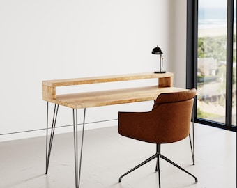 Reclaimed Wood Desk with Monitor Stand: Industrial Hairpin Leg Desk