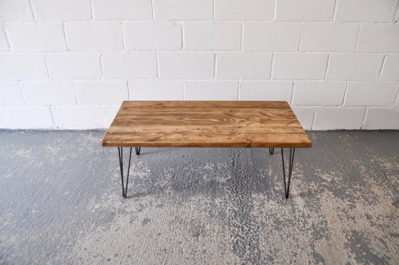 Industrial Rustic Coffee Table, Reclaimed Custom on Mid-century Hairpin legs image 1