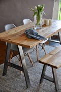 Reclaimed Wood Dining Table Bench Set: Rustic Industrial A-Frame Steel Legs, Handmade in UK