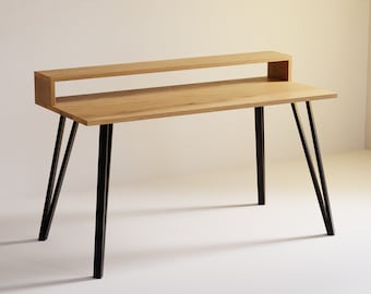 Desk with Monitor Stand, Solid Oak on Steel Legs, Customisable