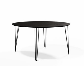 Round Dining Table Black, Solid Oak on Hairpin Legs, Esstisch Rund, Customisable, FAST SHIPPING