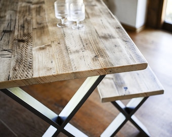 Reclaimed Table & Bench, Industrial Rustic, Vintage Scaffold Board Table Top on X Frame Steel legs, Durable and Sturdy