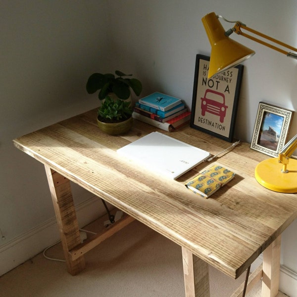 Farmhouse trestle table, desk made from reclaimed wood.