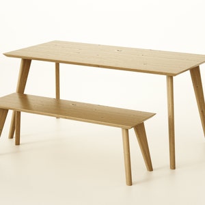 Rectangular Solid Oak Dining Table & Bench Set, Handmade Mid-Century Modern Scandinavian Table image 2