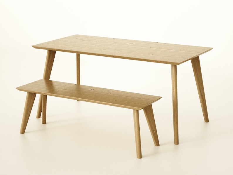 Rectangular Solid Oak Dining Table & Bench Set, Handmade Mid-Century Modern Scandinavian Table image 2