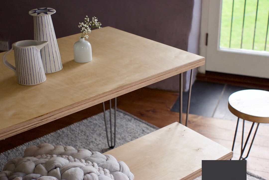 Dining Table and Bench Set, Birch Plywood on Steel Hairpin Legs