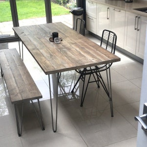 Industrial Dining Set, HAPPY HOME, Reclaimed wood on British Steel Hairpin legs, Sturdy Sustainable Customisable image 7