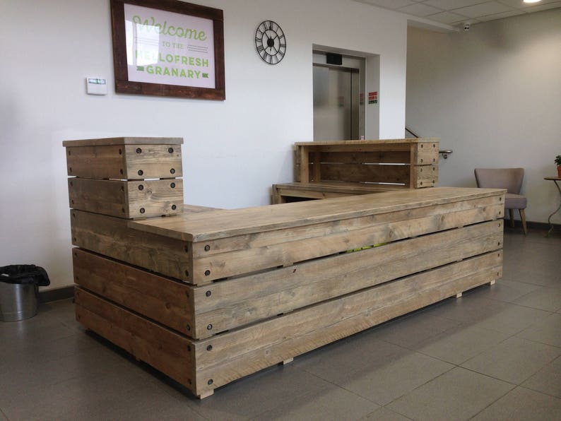 Reception Desk Industrial Reclaimed Wood Scaffold Board Custom Made Bespoke Chic Rustic U Shape Front Counter Bar Restaurant Coffee Unit