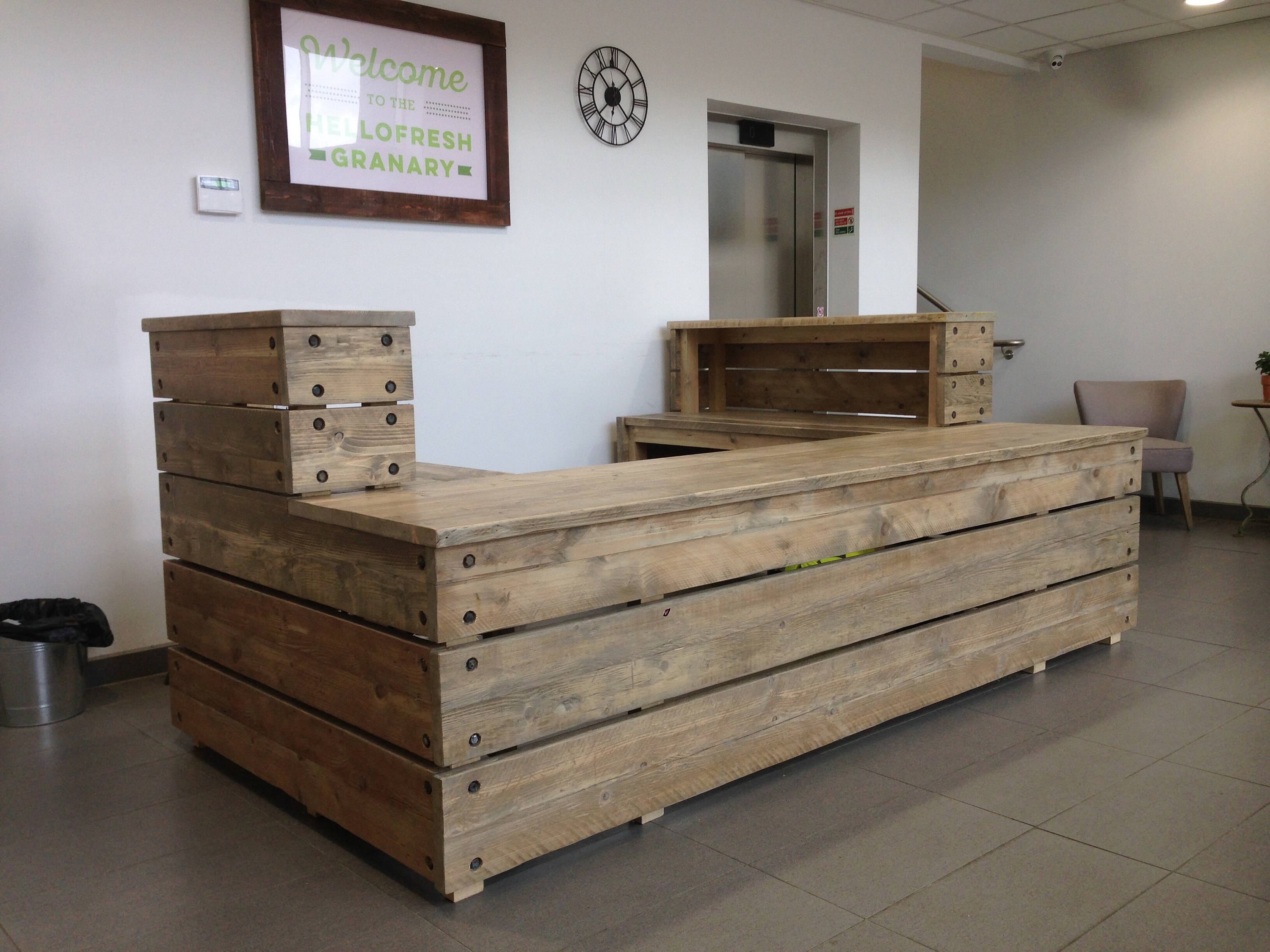 Reception Desk Industrial Reclaimed Wood Scaffold Board Custom Made Bespoke Chic Rustic U Shape Front Counter Bar Restaurant Coffee Unit