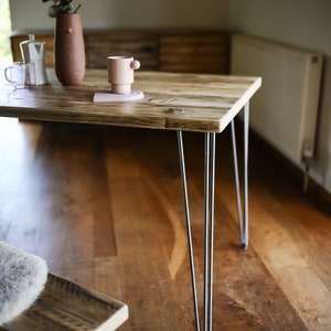 Industrial Dining Set, HAPPY HOME, Reclaimed wood on British Steel Hairpin legs, Sturdy Sustainable Customisable image 2