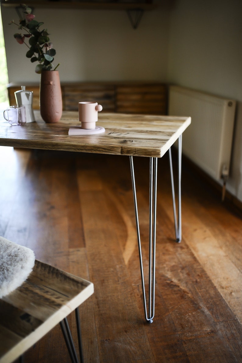 Industrial Dining Set, HAPPY HOME, Reclaimed wood on British Steel Hairpin legs, Sturdy Sustainable Customisable image 2