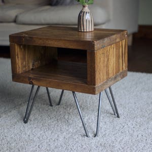 Bedside Table. Reclaimed wood on Hairpin legs. Rustic Lamp Table, Scandi Modern Nightstand. Personalised Anniversary Christmas Gift image 7