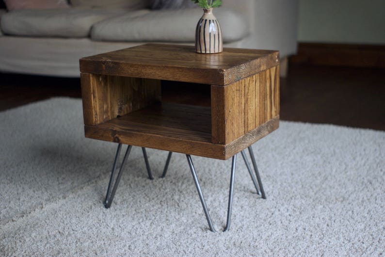 Bedside Table. Reclaimed wood on Hairpin legs. Rustic Lamp Table, Scandi Modern Nightstand. Personalised Anniversary Christmas Gift image 7