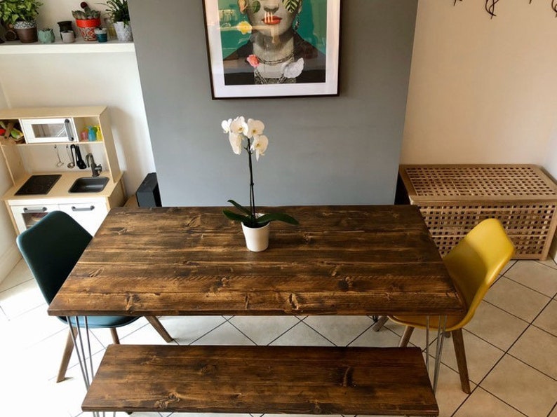 Industrial Dining Set, HAPPY HOME, Reclaimed wood on British Steel Hairpin legs, Sturdy Sustainable Customisable image 6