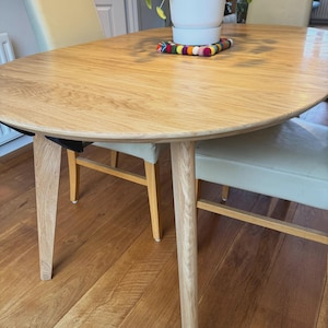 May include: An oval light oak dining table with four tapered legs, featuring a white ceramic plant pot containing a green Pilea plant, which sits on a colorful felt ball trivet made of small spheres in various bright colors.