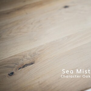 Puede incluir: Una superficie de madera de tono claro con un patr&oacute;n de veta visible y nudos naturales, que presenta el texto Sea Mist Character Oak en la esquina inferior derecha. La madera muestra un acabado liso con sutiles variaciones de color.
