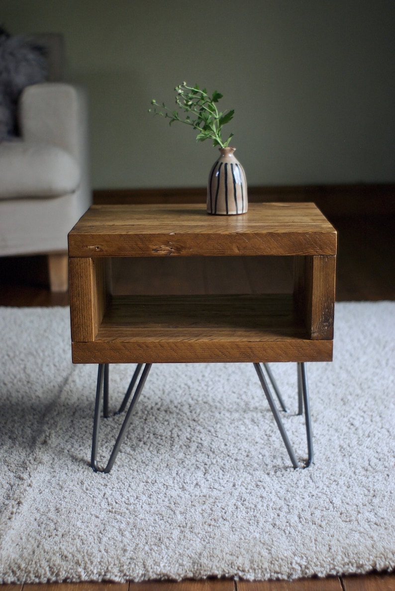 Bedside Table. Reclaimed wood on Hairpin legs. Rustic Lamp Table, Scandi Modern Nightstand. Personalised Anniversary Christmas Gift image 8