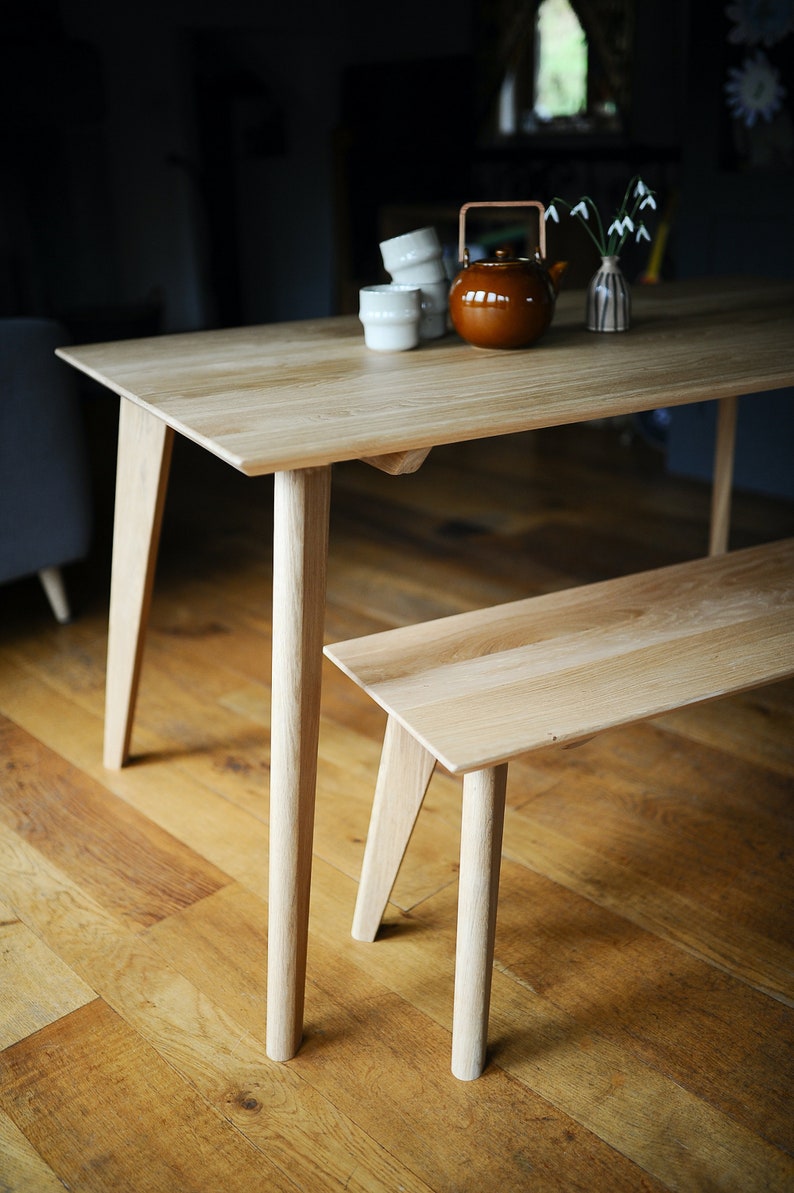 Rectangular Solid Oak Dining Table & Bench Set, Handmade Mid-Century Modern Scandinavian Table image 9