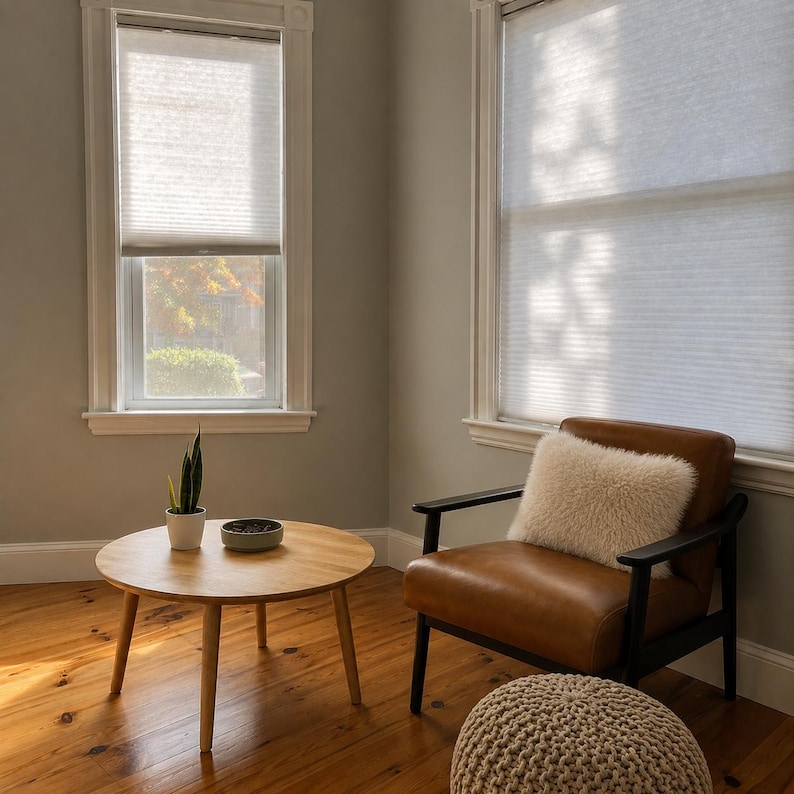 Puede incluir: Una acogedora escena de sala de estar con una mesa de centro redonda de madera, una peque&ntilde;a planta en maceta y un cuenco decorativo. Un sill&oacute;n de cuero marr&oacute;n con un coj&iacute;n mullido se encuentra cerca de una ventana con persianas. La habitaci&oacute;n tiene pisos de madera. La mesa mide unos 76 cm de di&aacute;metro.