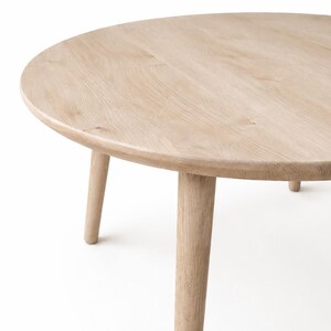 Puede incluir: Una mesa de centro redonda de madera clara con cuatro patas c&oacute;nicas. La mesa tiene un acabado liso y natural con vetas de madera. Las patas est&aacute;n espaciadas uniformemente y proporcionan una base estable.