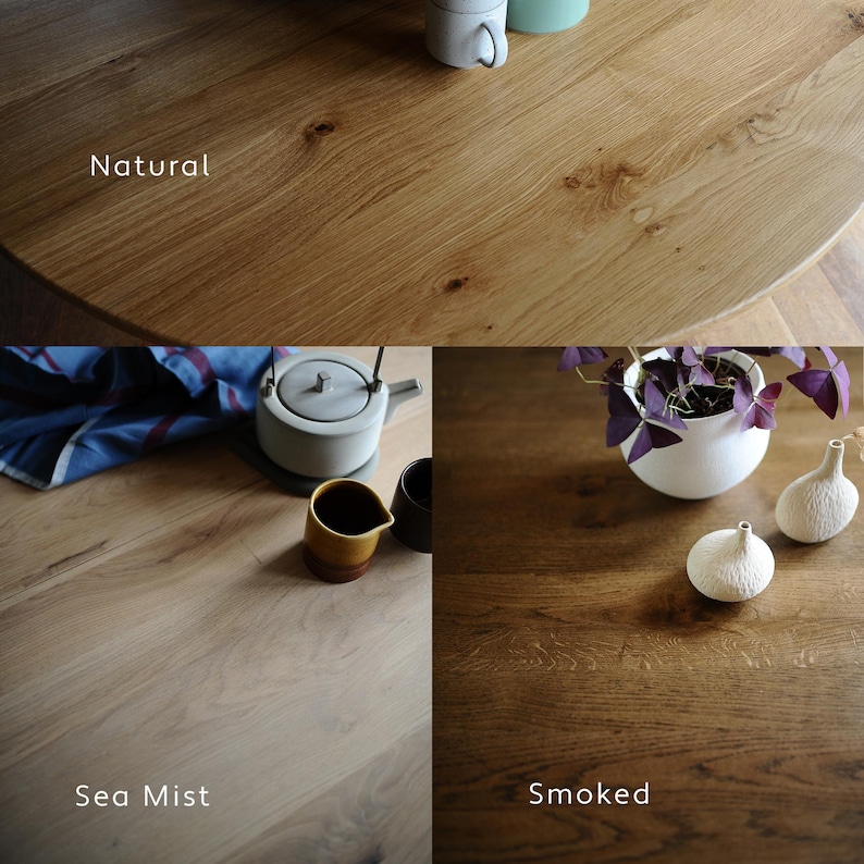 Puede incluir: Una imagen compuesta que muestra tres superficies de mesa de madera con diferentes acabados. La secci&oacute;n superior est&aacute; etiquetada como Natural, la inferior izquierda como Sea Mist y la inferior derecha como Smoked, mostrando patrones de veta distintos.