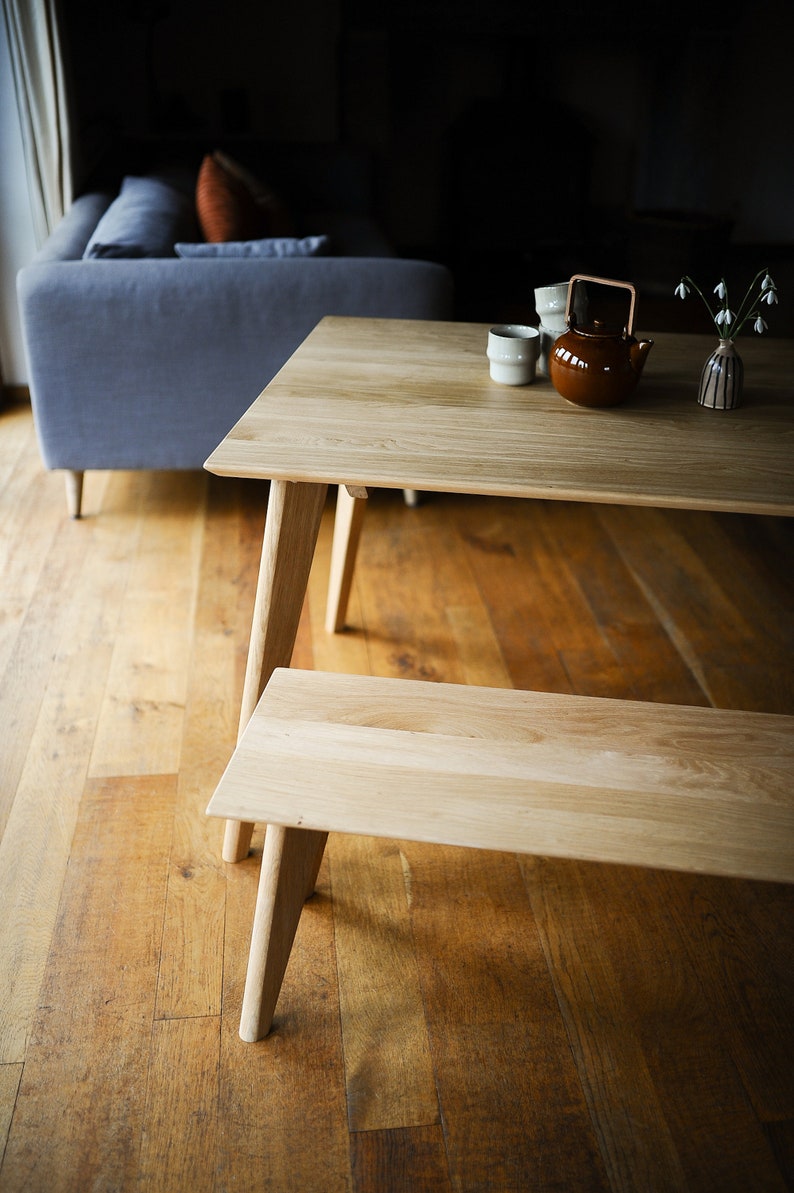 Rectangular Solid Oak Dining Table & Bench Set, Handmade Mid-Century Modern Scandinavian Table image 10
