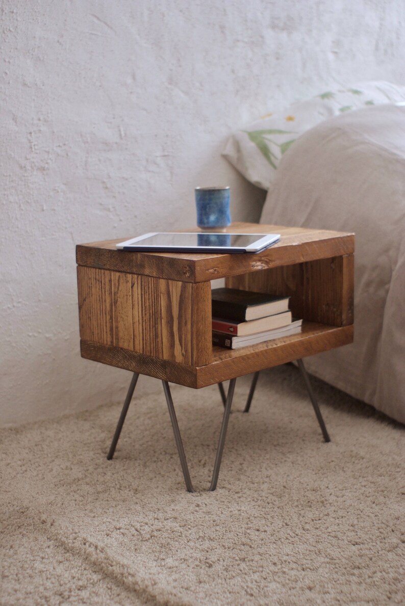 Bedside Table. Reclaimed wood on Hairpin legs. Rustic Lamp Table, Scandi Modern Nightstand. Personalised Anniversary Christmas Gift image 4