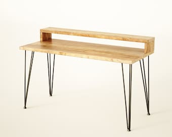 Reclaimed Wood Desk with Monitor Stand: Hairpin Legs, Handmade in UK