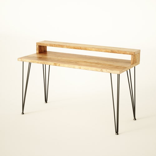 Reclaimed Wood Desk with Monitor Stand: Hairpin Legs, Handmade in UK