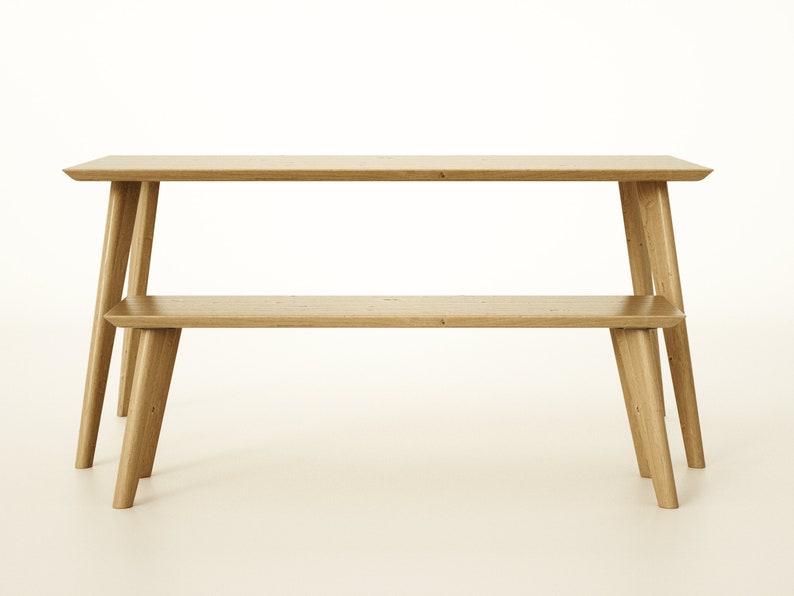 Rectangular Solid Oak Dining Table & Bench Set, Handmade Mid-Century Modern Scandinavian Table image 7