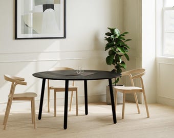 Round Dining Table, Handmade, Black Oak, Steel Legs, Swiss Edge