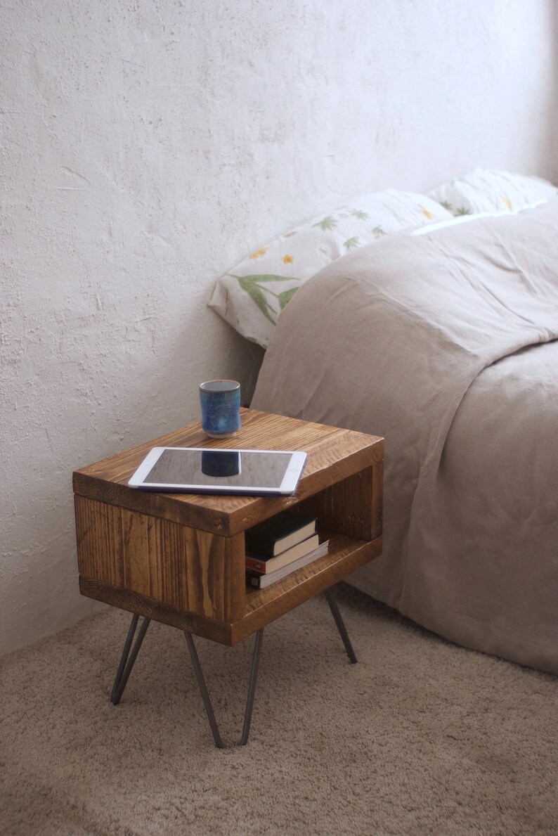 Bedside Table. Reclaimed wood on Hairpin legs. Rustic Lamp Table, Scandi Modern Nightstand. Personalised Anniversary Christmas Gift image 2