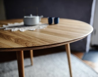 Round Dining Table, Solid Oak on Danish Tapered legs, 7MAGOK Kitchen Table 90 cm and others, Customisable