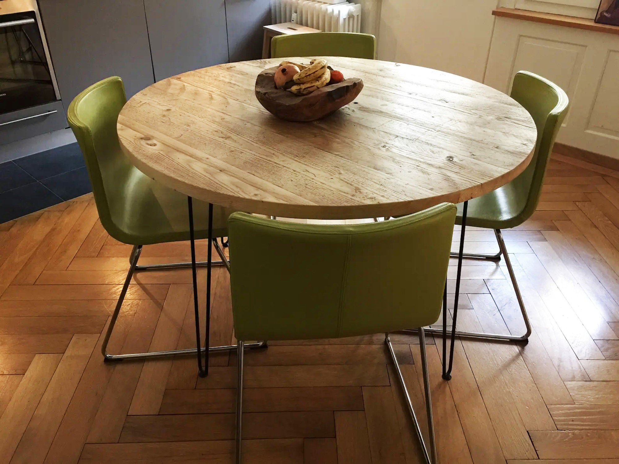 Round Dining Table Reclaimed Wood Industrial Hairpin Legs