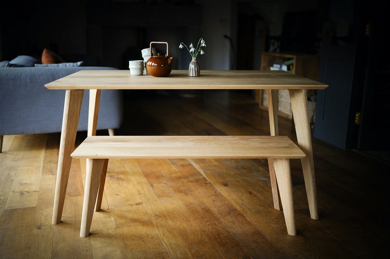 Rectangular Solid Oak Dining Table & Bench Set, Handmade Mid-Century Modern Scandinavian Table image 1