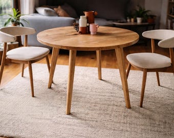 Round Oak Dining Table for Small Spaces, Solid Wood, Handmade UK, Japandi Scandinavian
