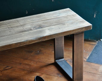 Reclaimed Bench Industrial, rustic scaffold boards on Steel legs, customisable, fast shipping