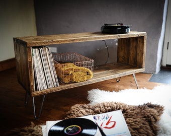 Vinyl Storage Record Player Stand on Hairpin legs Media Console Cabinet Table Mid Century Storage Organiser TV Stand Reclaimed Wood Vintage
