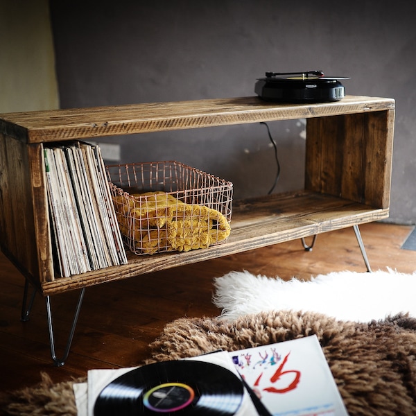Vinyl Storage Record Player Stand on Hairpin legs Media Console Cabinet Table Mid Century Storage Organiser TV Stand Reclaimed Wood Vintage