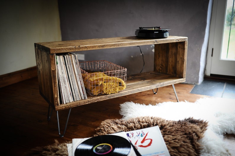 Vinyl Storage Record Player Stand on Hairpin legs Media Console Cabinet Table Mid Century Storage Organiser TV Stand Reclaimed Wood Vintage 