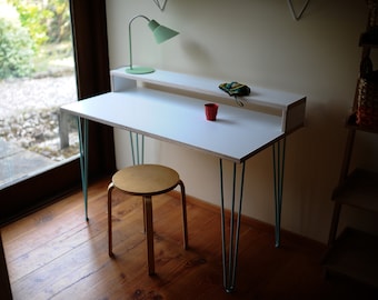 Birch Plywood Desk with Monitor Stand, Hairpin Legs, Mid-Century Scandinavian Home Office