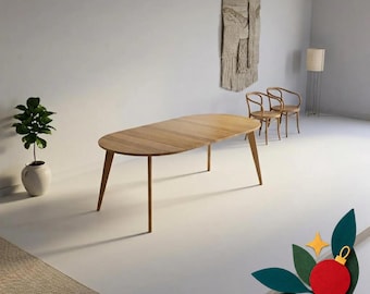 May include: An oval wooden dining table with four tapered legs, positioned in a room with a potted green plant, two curved wooden chairs, a wall-mounted textile hanging, and a floor lamp. A decorative red ornament graphic is in the corner.